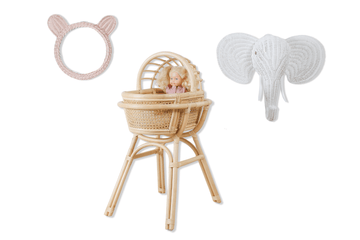 Lullaby Rattan Doll Bassinet with Stand – Handwoven Toy Cradle for Pretend Play