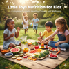 A group of happy, diverse children are enjoying a picnic with a variety of colorful fruits and vegetables spread out on a wooden mat in a sunny park setting.