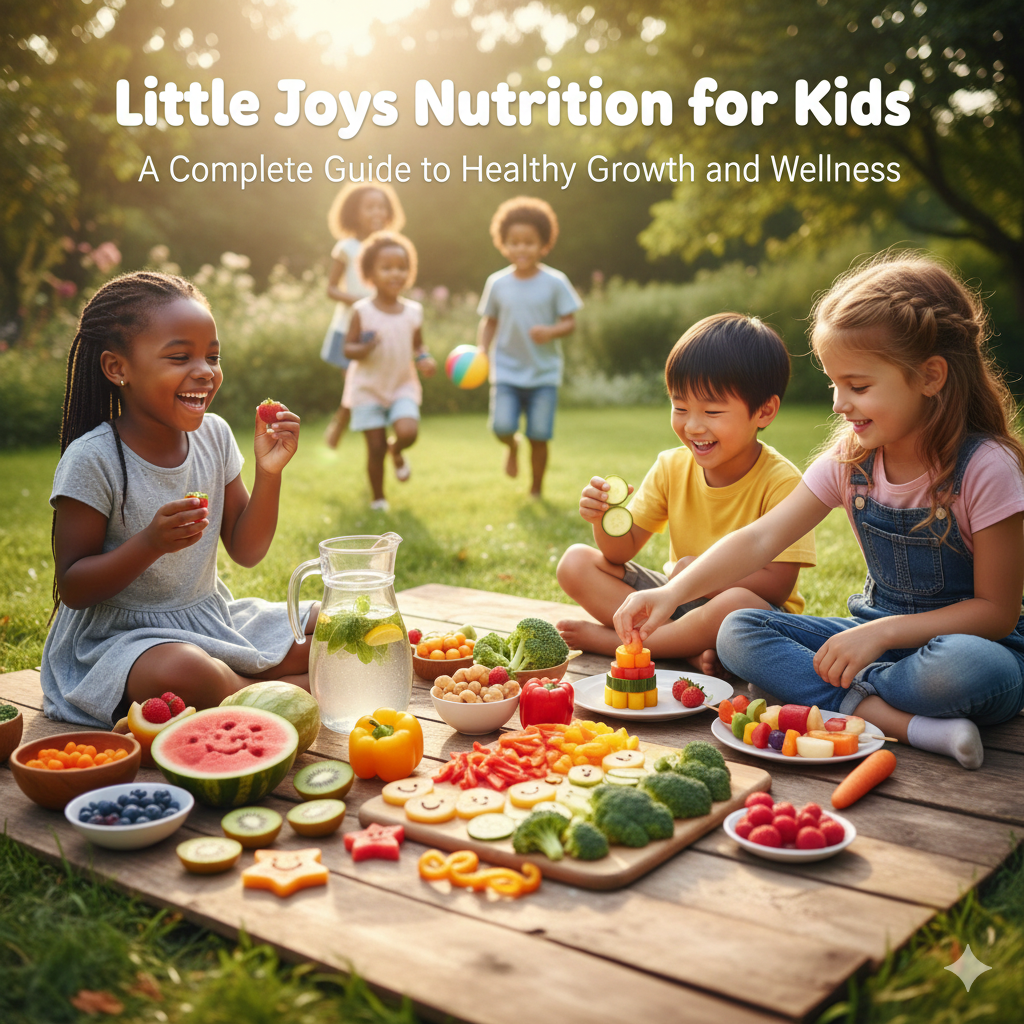 A group of happy, diverse children are enjoying a picnic with a variety of colorful fruits and vegetables spread out on a wooden mat in a sunny park setting.