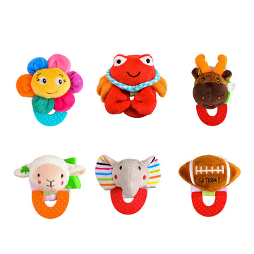 Wristy Buddy Pack of 6 Baby Teethers – Flower, Crab, Moose, Lamb, Elephant & Football