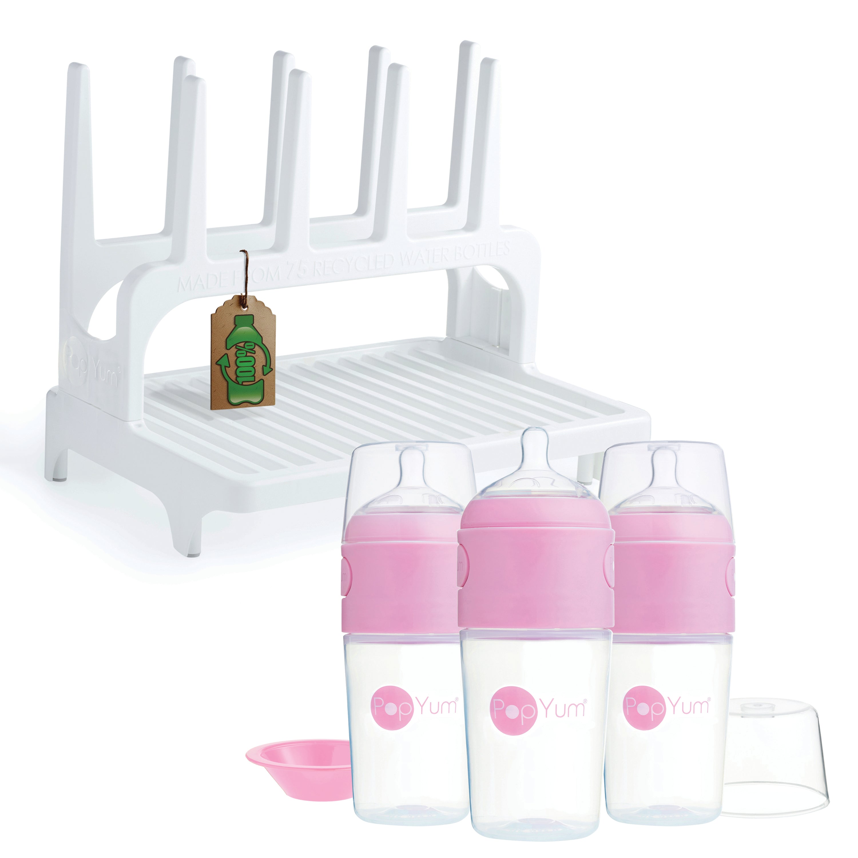 PopYum 9 oz Pink Formula Making Baby Bottle 3-Pack with White Drying R ...