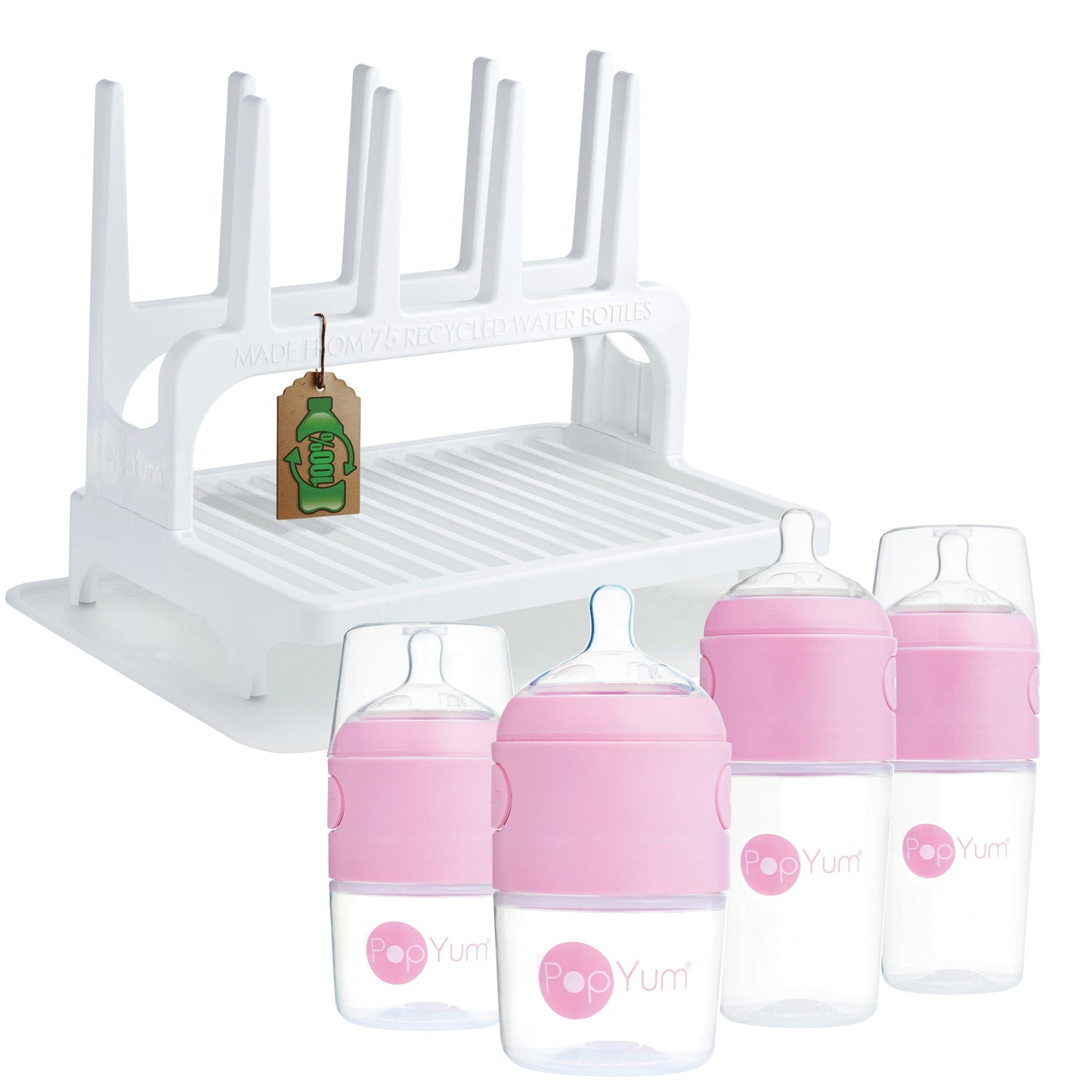 PopYum Pink Baby Bottle Set 4-Pack with White Drying Rack & Clear Drying Mat Bundle
