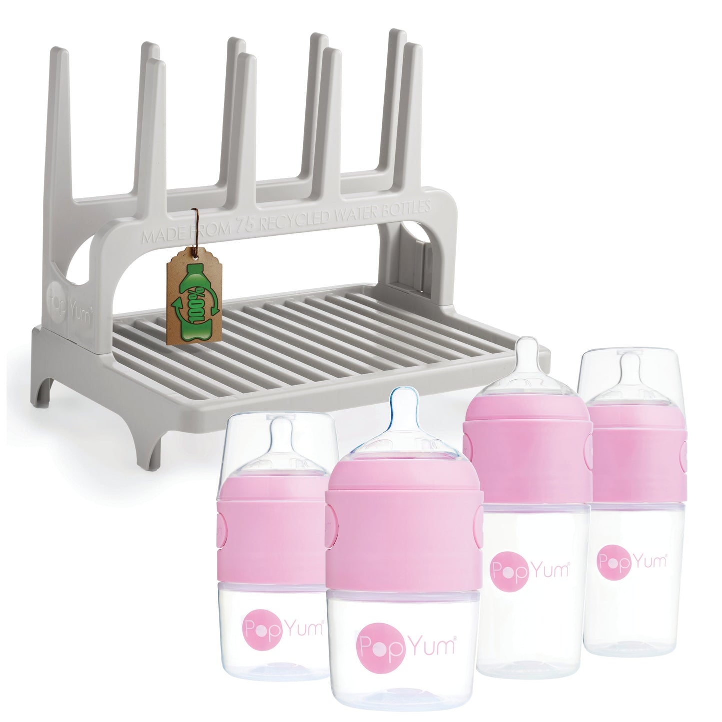 PopYum Pink Baby Bottle Set 4-Pack with Gray Drying Rack & Clear Drying Mat Bundle