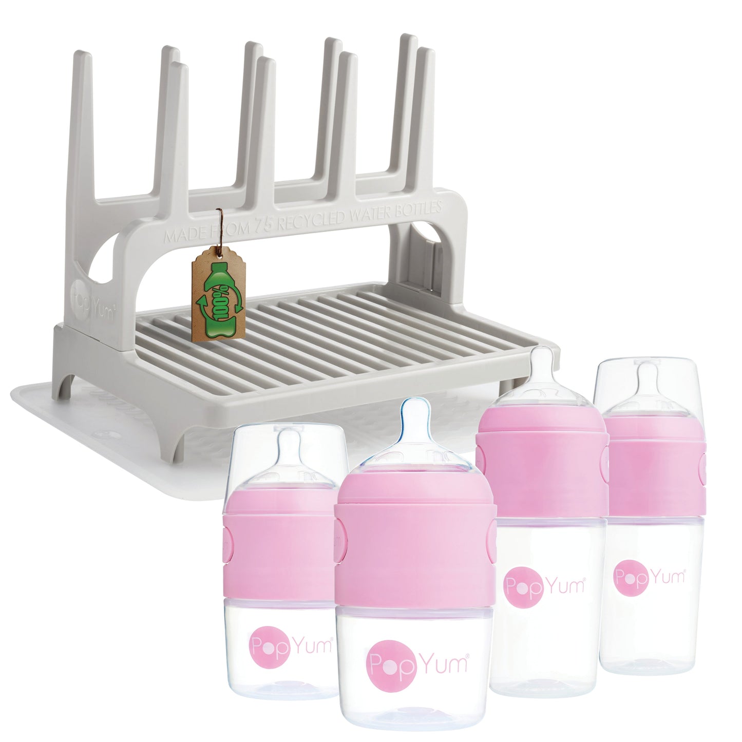PopYum 9 oz Pink Formula Making Baby Bottle 3-Pk with Gray Drying Rack & Clear Drying Mat Bundle