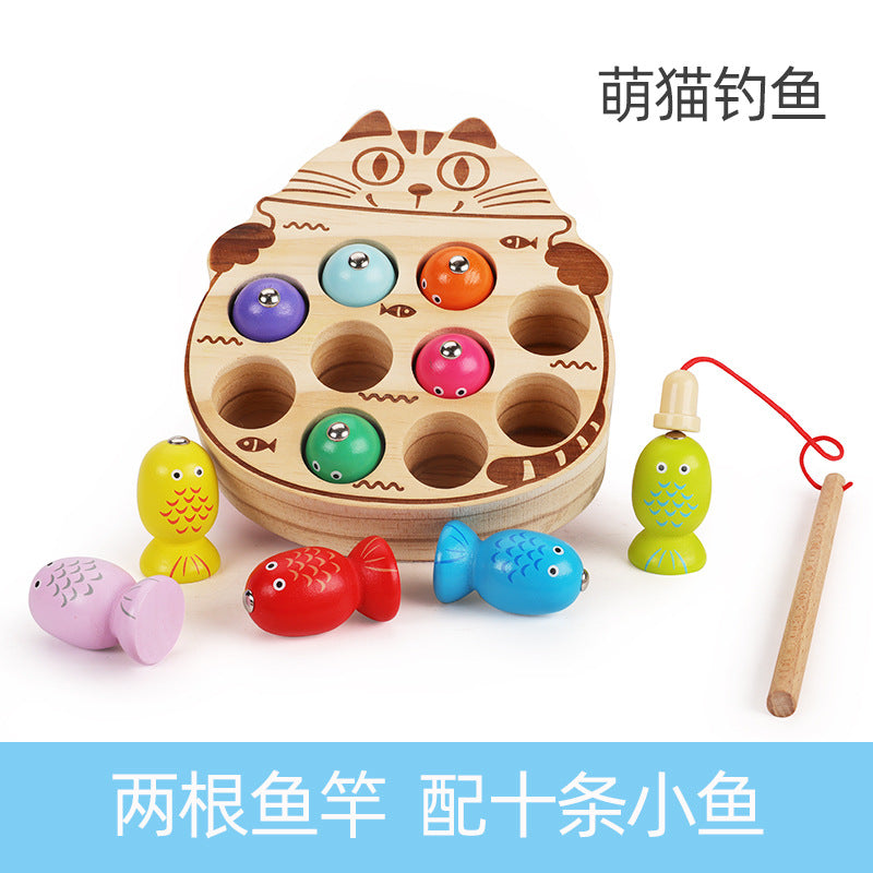 Wooden Ball Kidsren's Wooden Magnetic Kitten Fishing Game Pretend Play Magnetic Early Education Baby Toy Fishing Rod