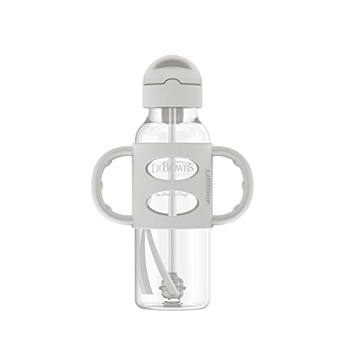 Dr. Brown'S Milestones Narrow Sippy Straw Bottle With 100% Silicone Handles, 8Oz/250Ml, Gray, 1 Pack, 6M+