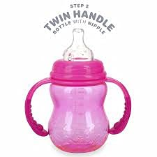 Nuby 3-Stage Wide Neck No Spill Bottle With Handles And Non-Drip Juice Spout, 3 Months, 8 Ounce, Pink