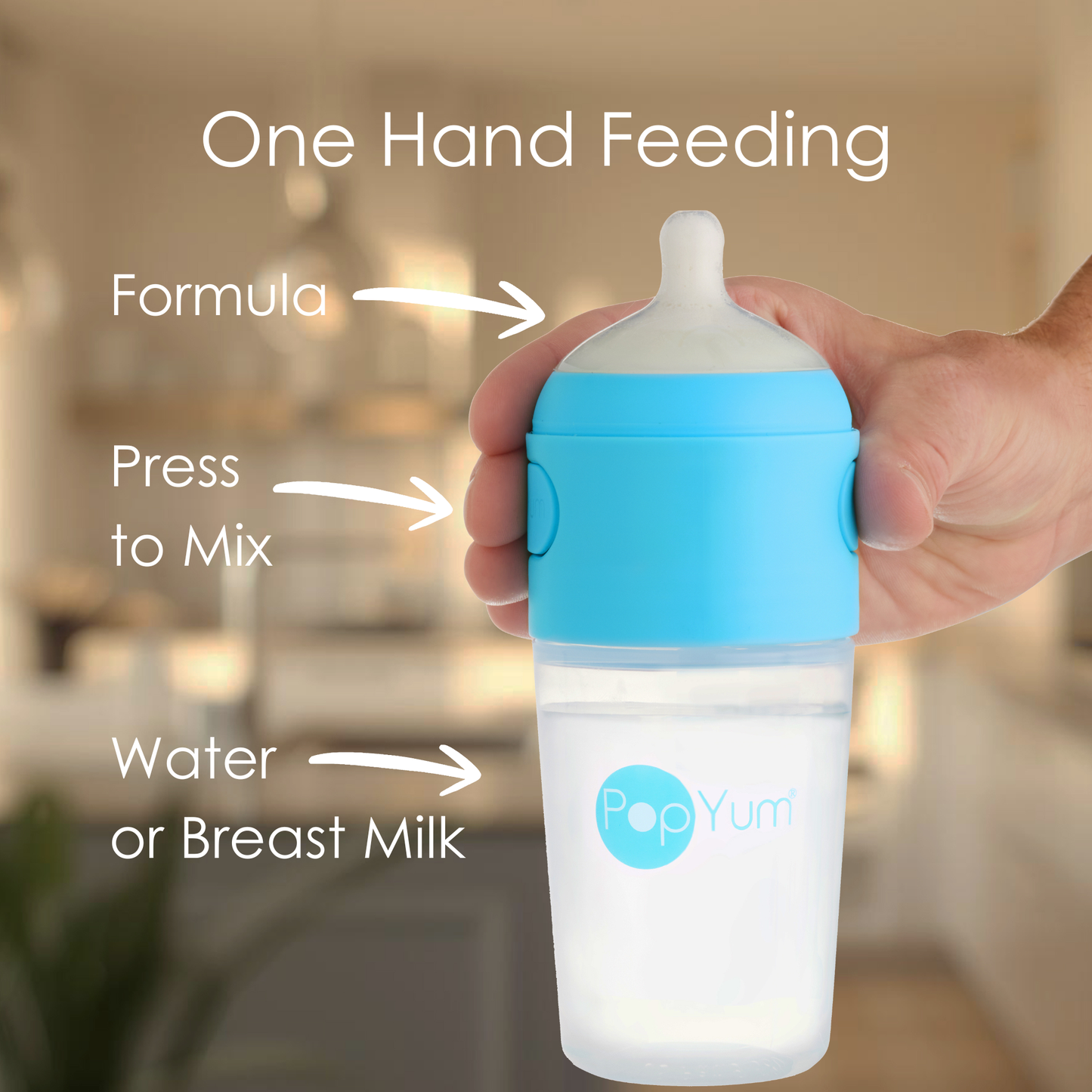 PopYum 9 oz Blue Formula Making Baby Bottle 3-Pk with Gray Drying Rack & Clear Drying Mat Bundle
