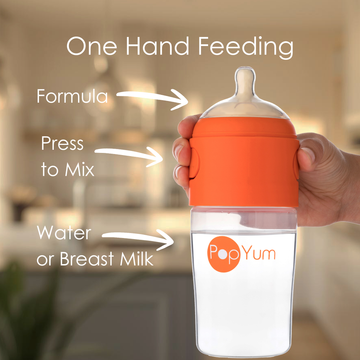 PopYum 9 oz Orange Formula Making Baby Bottle 3-Pk with White Drying Rack & Clear Drying Mat Bundle