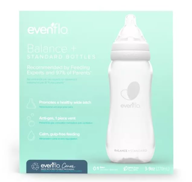 Evenflo Feeding Balance+ Bottles, Standard, 0+ Months, Slow Flow, 3 Bottles, 9 Oz (270 Ml)