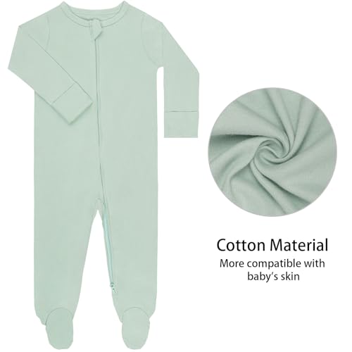 Guisby Footed Long Sleeve Baby Pajamas With Zipper Cotton Infant Sleepers Dark Green+Green Grey 3-6 Months