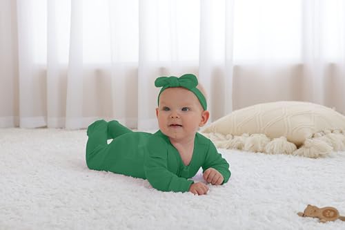 Guisby Footed Long Sleeve Baby Pajamas With Zipper Cotton Infant Sleepers Dark Green+Green Grey 3-6 Months