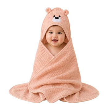 Babyholic Super Soft Hooded Baby Wrapping Blanket with Bear Face Hood, Cozy Bath Wrap for Newborn Boys & Girls, Peach