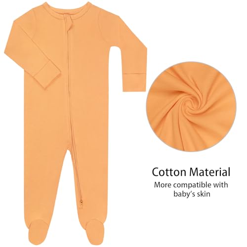 Guisby Footed Long Sleeve Baby Pajamas With Zipper Cotton Infant Sleepers Light Orange+Tree Green 0-3 Months