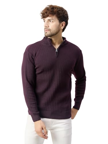 Kvetoo Men High Neck Zipper Full Sleeve Woolen Winter Sweater Violet Size M