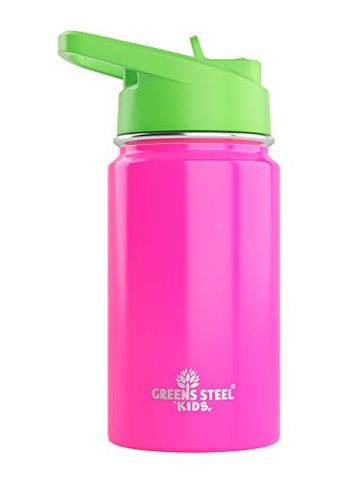 Kids Water Bottle - 12Oz Pink  Leak Proof With Straw & Handle  24 Hours Cold  Insulated, Double Wall Stainless Steel  Easy Sip T