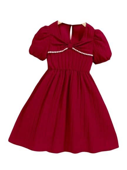 Girls ALine Dress With Short Sleeves Maroon