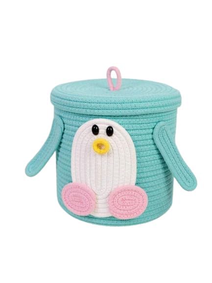 VELVET VIBE Kids Lid Baskets with Beautiful Characters  Rope Baskets for Baby Diaper, Stuffed Animal Storage (Blue Bird)
