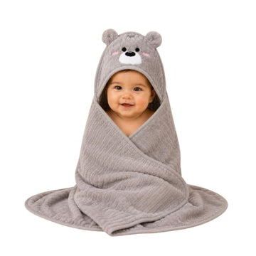 Babyholic Super Soft Hooded Baby Wrapping Blanket with Bear Face Hood, Cozy Bath Wrap for Newborn Boys & Girls, Grey