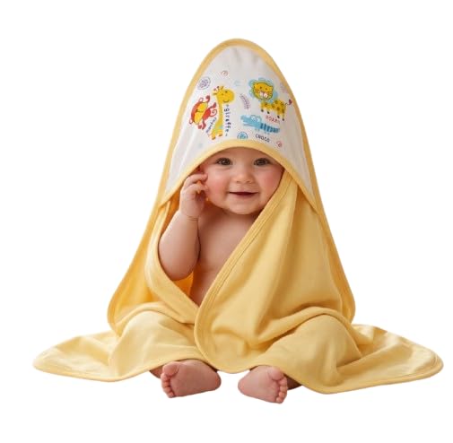 Baby Inn 100% Soft Cotton Babys Printed Hooded Towel  Yellow (Pack of 1), LEM