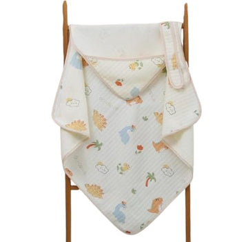 Kaitrend Baby Hooded Wrapper for Newborn, Muslin Cotton Hooded Towel & Blanket, 7575 cm, 4 Ply, Ultra Soft & Absorbent Bath Towe