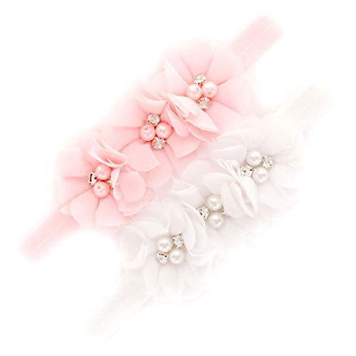 My Lello Baby Flower Headbands Fabric Beaded Trio Stretchy Elastic Pair (Light Pink/White)