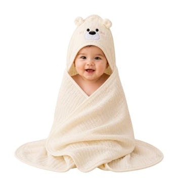 Babyholic Super Soft Hooded Baby Wrapping Blanket with Bear Face Hood, Cozy Bath Wrap for Newborn Boys & Girls, Cream