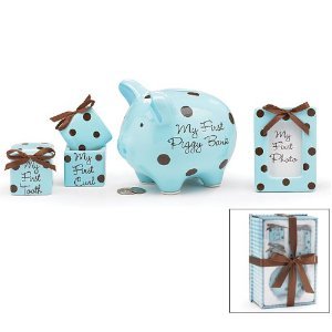 Baby Boy 4 Piece Keepsake Gift Set With Piggy Bank, First Tooth Box,First Curl Box And Photo Frame