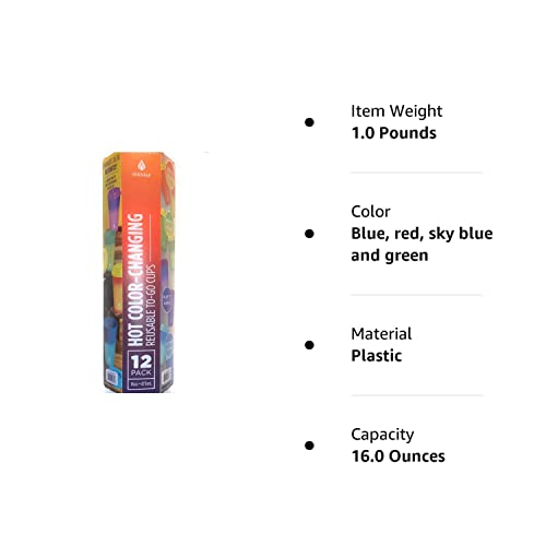 Manna 16Oz Color Changing Reusable Cup Set For Hot Liquids - 12-Piece - Red, Green, Blue, Sky Blue