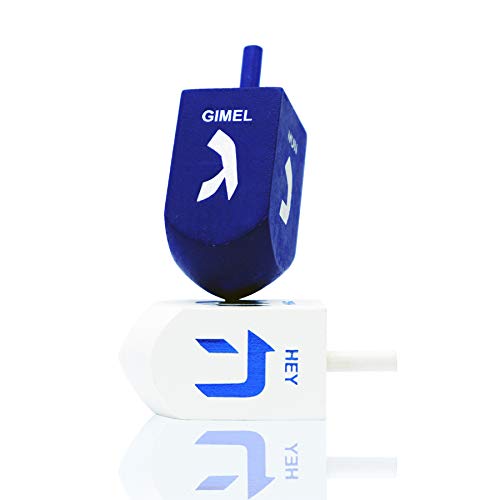 The Dreidel Company Hanukkah Hand Painted Extra Large Blue & White Wooden Dreidels - Includes Game Instruction Cards- (4-Pack Xl