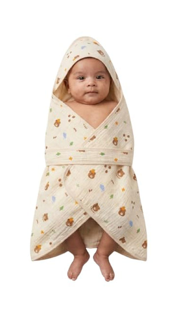 Muslin Cotton Baby Swaddle Wrap with Hood, Bear Print, Newborn Blanket, Beige