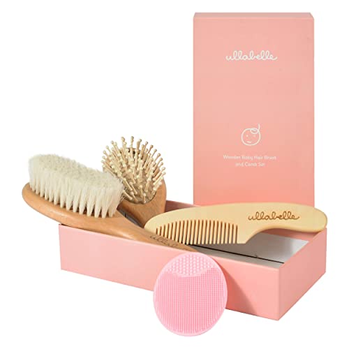 Ullabelle 4 Piece Wooden Baby Hair Brush And Comb Set For Newborns & Toddlers In Chic Gift Box - Ultra Soft Natural Goat Hair An