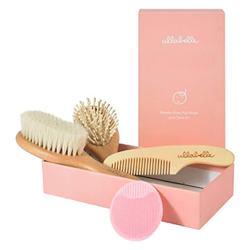Ullabelle 4 Piece Wooden Baby Hair Brush And Comb Set For Newborns & Toddlers In Chic Gift Box - Ultra Soft Natural Goat Hair An