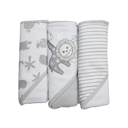 Spasilk Baby 3 Pack Soft Terry Hooded Towel Set For Newborn Boys And Girls Gray Lion One Size
