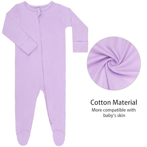 Guisby Footed Long Sleeve Baby Pajamas With Zipper Cotton Infant Sleepers Light Pink+Purple 6-9 Months