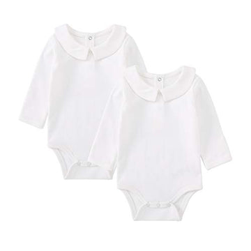 Pureborn 2-Pack Unisex Baby Bodysuit Peter Pan Collar Solid Baptism Long Sleeve White 3-6 Months