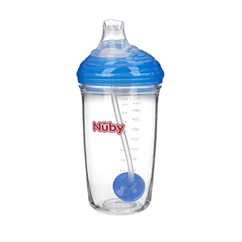 Nuby Tritan No-Spill 10 Oz Trainer Cup With Silicone Spout, 360 Weighted Straw & Hygienic Cover, Blue