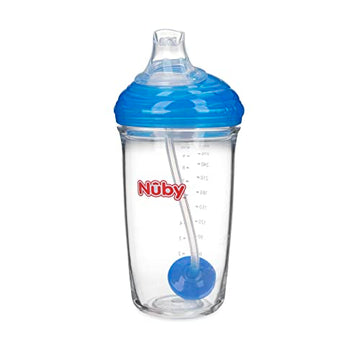 Nuby Tritan No-Spill 10 Oz Trainer Cup With Silicone Spout, 360 Weighted Straw & Hygienic Cover, Blue