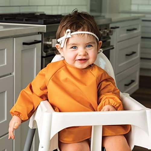 Tiny Twinkle Mess Proof Baby Bib, 2 Pack Long Sleeve Bib Outfit, Waterproof Bibs For Toddlers, Machine Washable, Tug Proof (Sand