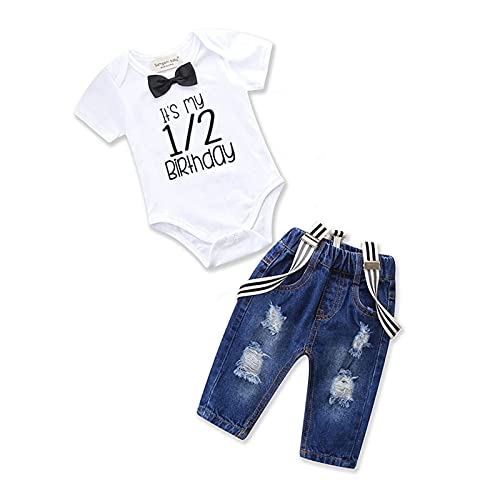 Pinleck Toddler Baby Boy Birthday Clothes Set Bowtie Romper Suspenders Ripped De WBBAPB07W8G8T1P