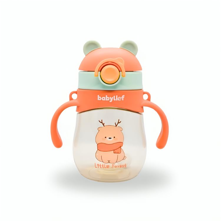 Babylief Soft Straw for 360 Drinking Sippy Water Bottle with Handles and Straps, Cartoon Animal Design (Peachy Orange)