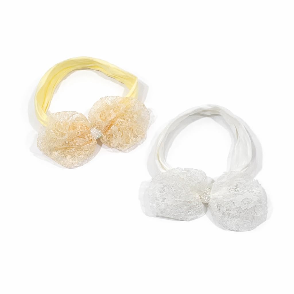 Soft Lace Bow Headband For Girls & Women, Stretchable Fabric Hair Band, Lightweight Hair Accessory, Yellow & White, Pack Of 2