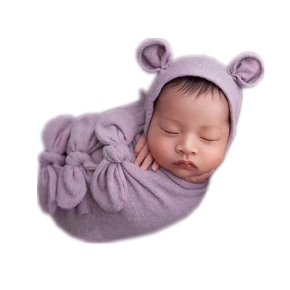 Vemonllas Newborn Baby Boy Girl Photography Props Bow Wrap, Posing Aid, Hat And Blanket Set Of 4 Pcs (Dark Purple)
