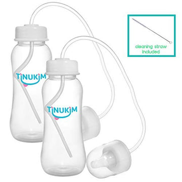 Tinukim Ifeed 9 Ounce Self Feeding Baby Bottle With Tube - Handless Anti-Colic Nursing System, White - 2-Pack
