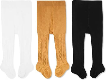 Cozyway Cable Knit Cotton Leggings/Tights For Baby Girls, 4 Pack, White/Black/Mustard, 0-3 Months Old