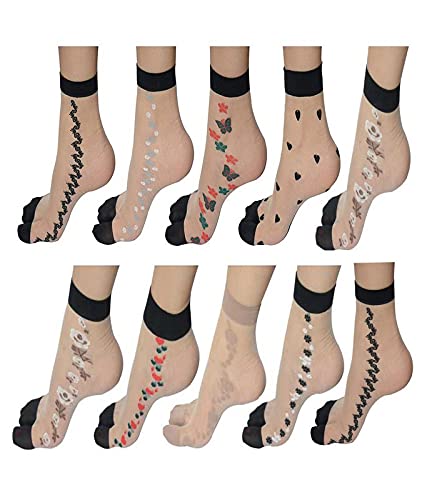 Hf Lumen Transparent/Net Nylon Side Flower Ankle Length Socks With Thumb (Pack Of 10)