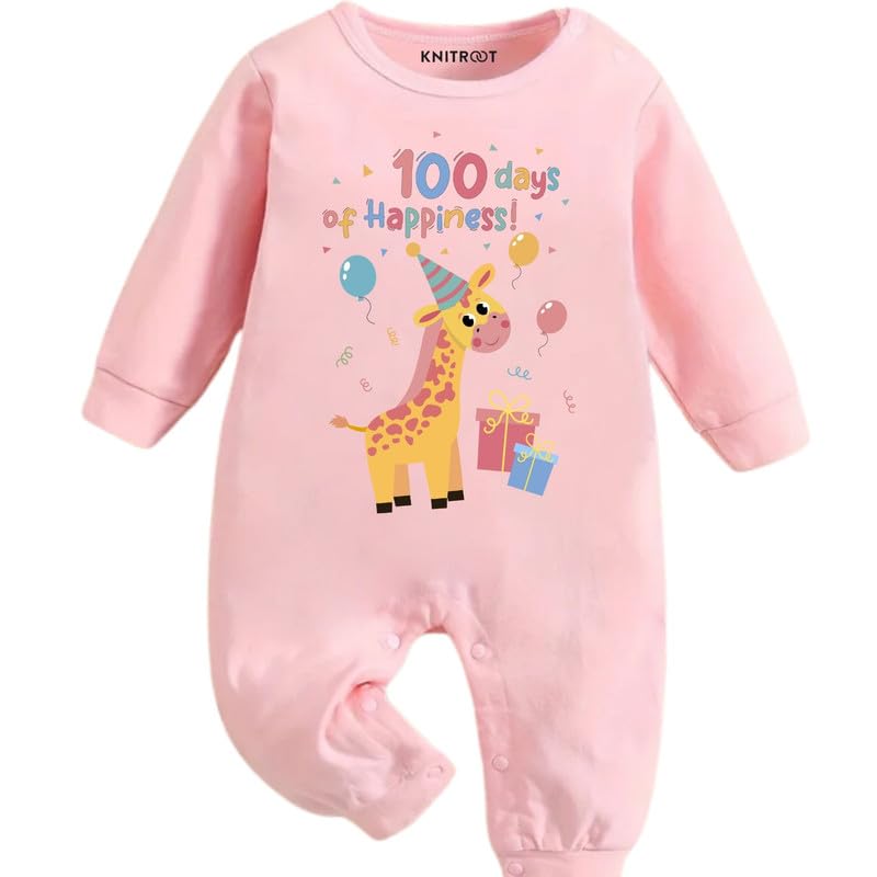 Knitroot 100 Days Theme, 100 Days Of Happiness Text Printed, Full Sleeves, ShoulderSnapButtons, Cotton Jumpsuit, Rompers For N
