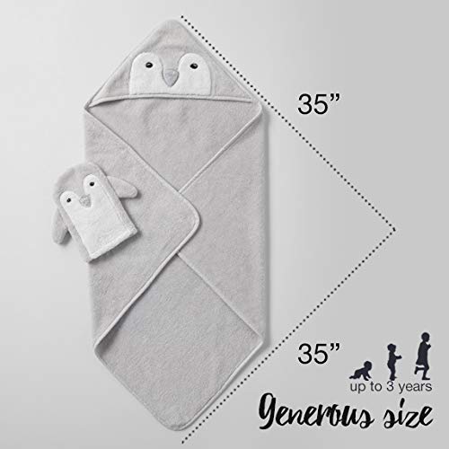 Happy & Sweet Baby Gift Set - Bamboo Viscose Hooded Penguin Bath Towel, Mitt Washcloth, And Squirt Bath Toy For Boys And Girls -
