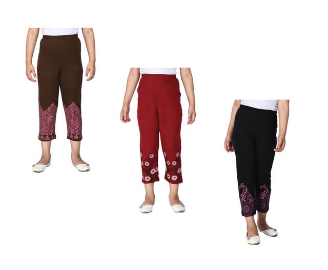 Girls Soft Cotton Bottom Printed Pyjamas Lower for Summer (Pack of 3) Brown::Maroon::Black