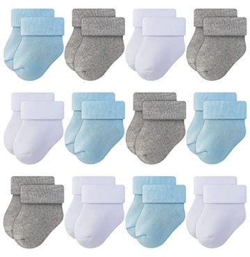 Rative Newborn Thick Terry Turn Cuff Socks For Baby Boy And Girl (0-3 Months, 4White+4Grey+4Blue)